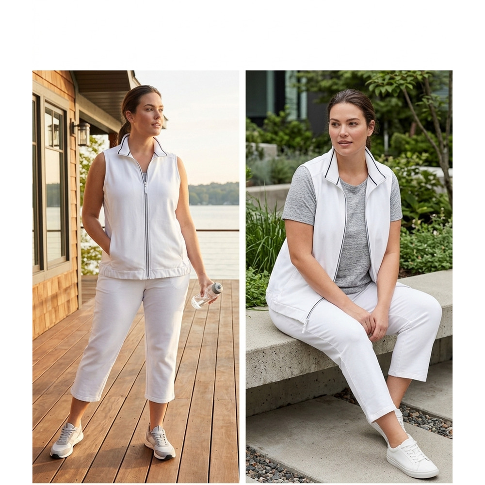 T by Talbots White Athletic Set Vest Zip Up & Ankle Pants Loungewear Sz-X/L